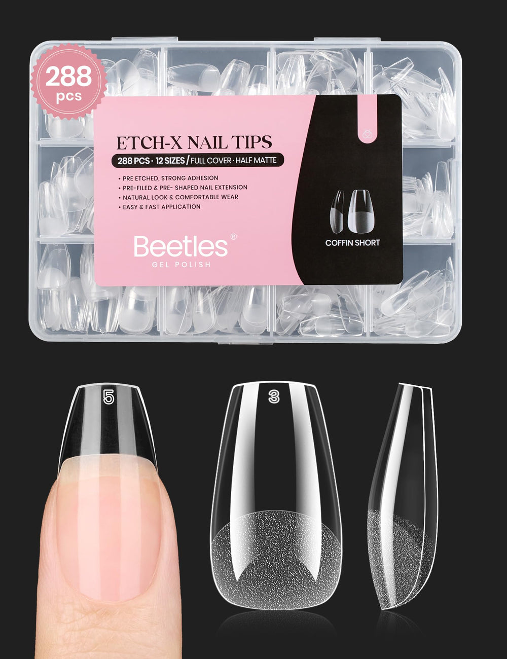 beetles front packaging showing 288 nail tips and contents for easy selection