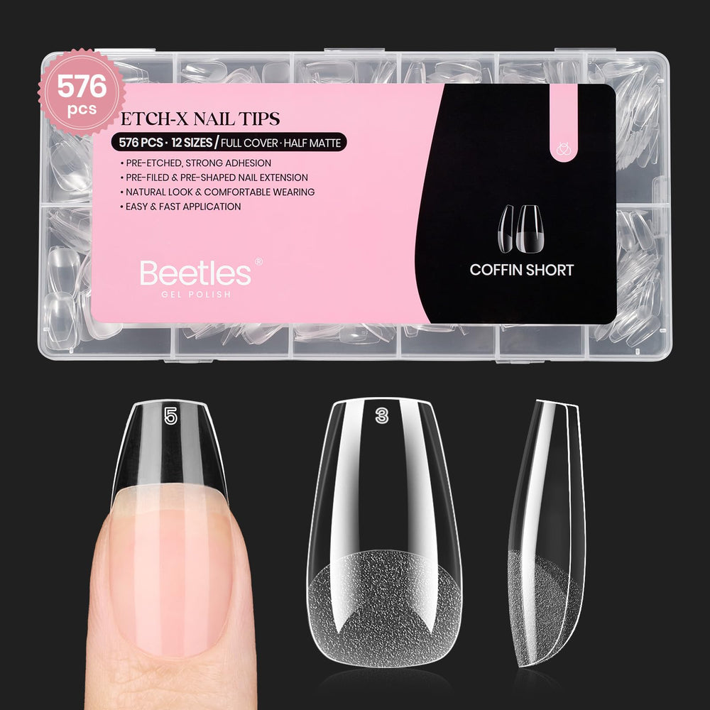 beetles gel polish front packaging showing short coffin nails and quantity, clear product view