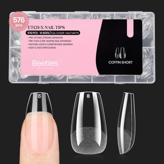 beetles gel polish front packaging showing short coffin nails and quantity, clear product view
