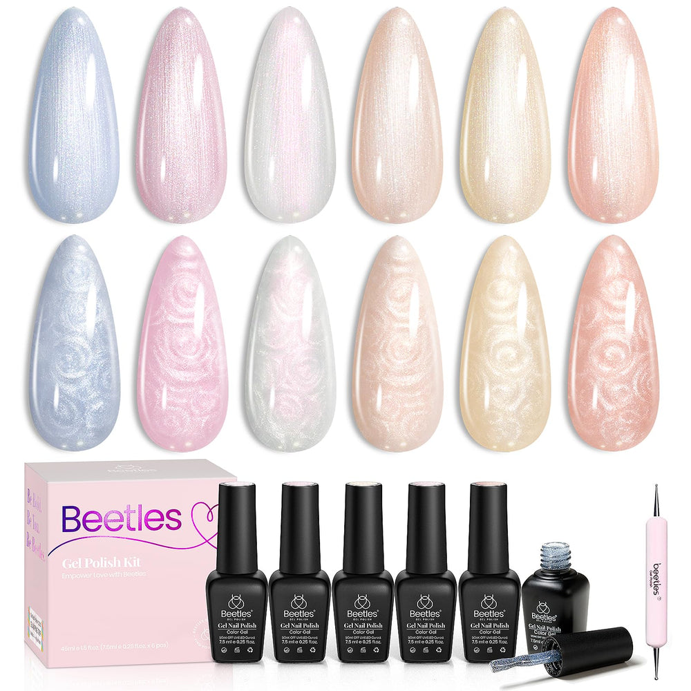 Beetles six-bottle set front view showing pearl gel colors and compact packaging benefit long-lasting variety
