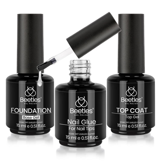Beetles front packaging showing top coat, base and 9-in-1 glue set with clear branding and convenience