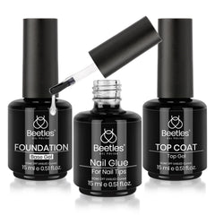Beetles front packaging showing top coat, base and 9-in-1 glue set with clear branding and convenience