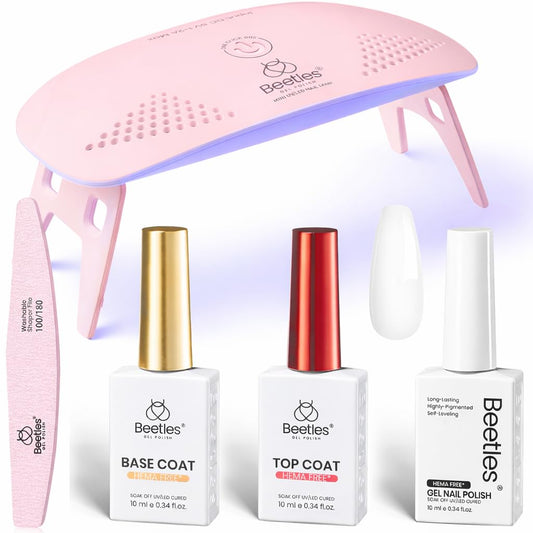 Beetles front packaging showing full white gel nail kit and travel-ready components