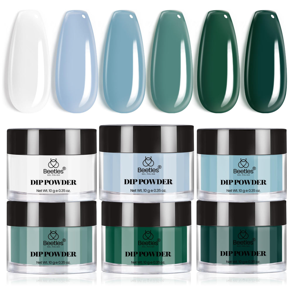 Beetles Gel Polish front packaging showing six powder jars and box, clear labeling benefit