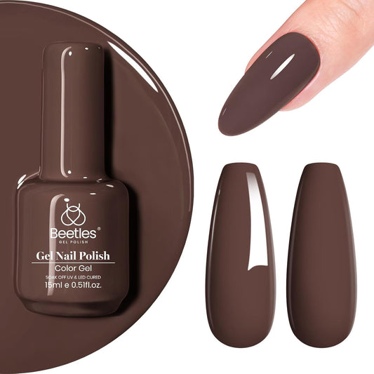 beetles Gel Polish front bottle showing dark brown shade and compact size benefit