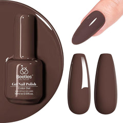 beetles Gel Polish front bottle showing dark brown shade and compact size benefit