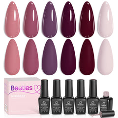Beetles Gel Polish front packaging showing six purple shades and kit benefits