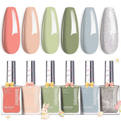 Beetles Gel Polish front packaging showing six bottles and glitter finish benefits