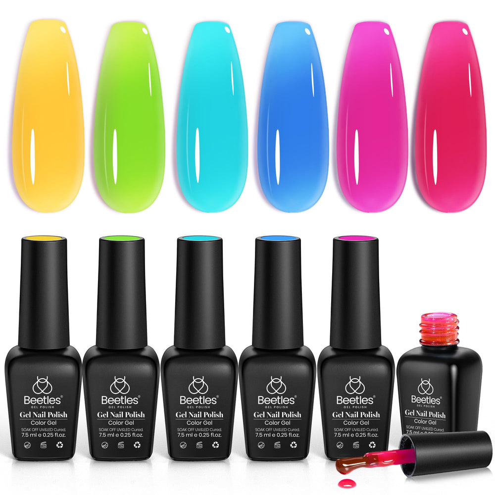 Beetles Gel Polish front packaging showing six neon jelly bottles and bright colors