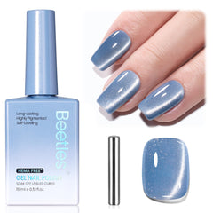 Beetles bottle front view showing glacial blue cat eye polish and labeling for product recognition