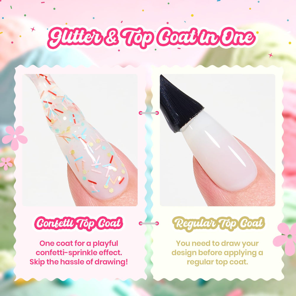 Beetles Gel Polish swatch on nail displaying cured high-gloss confetti finish