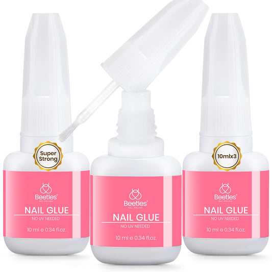 Beetles glue front packaging showing three 10ml bottles and product branding for dependable hold