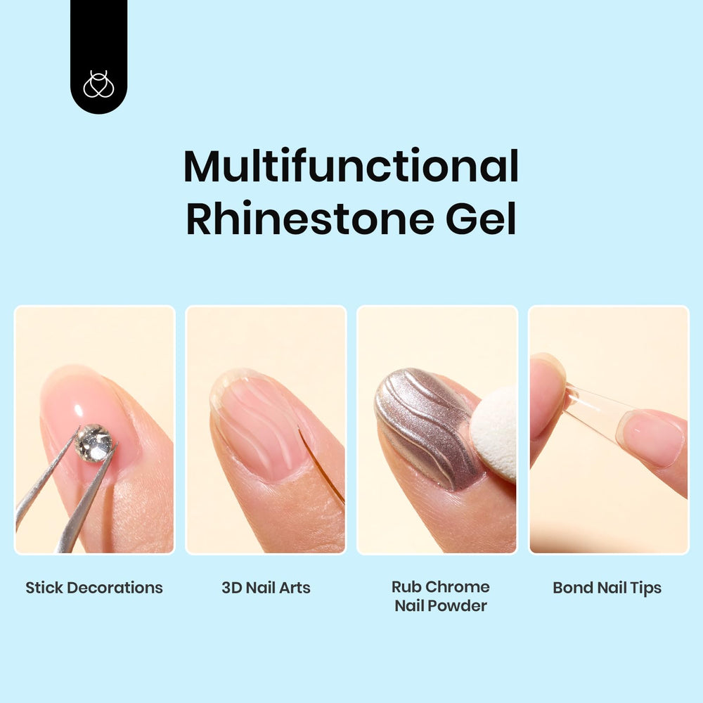 beetles gel polish being used to set rhinestones on a nail showing secure adhesion
