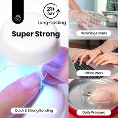Applying Beetles glue to press-on nail demonstrating quick placement and strong bond