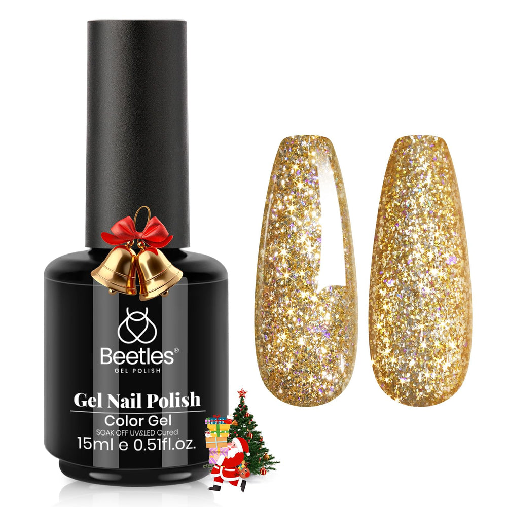 beetles gold bottle front view showing glitter polish and easy application