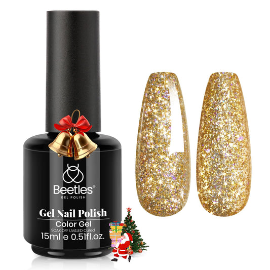 beetles gold bottle front view showing glitter polish and easy application