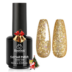 beetles gold bottle front view showing glitter polish and easy application