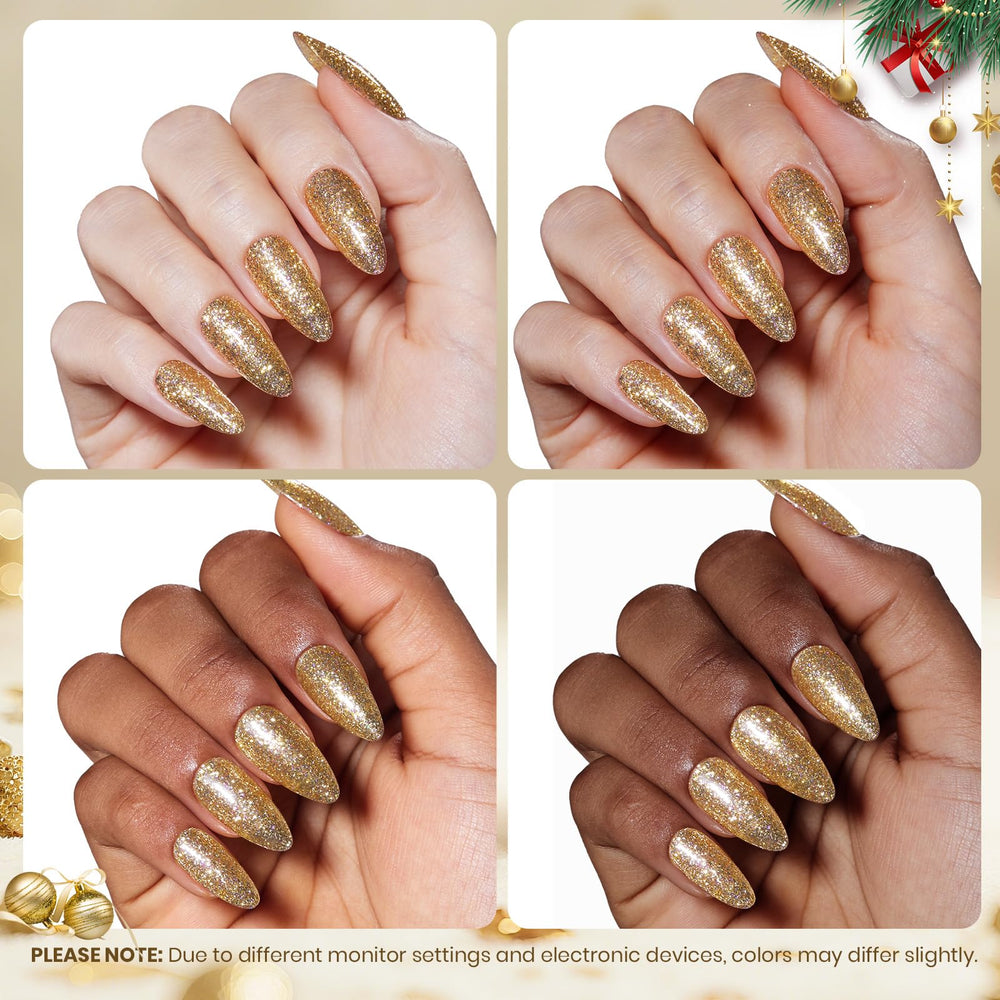 beetles gold on manicured hands showing long-lasting salon shine