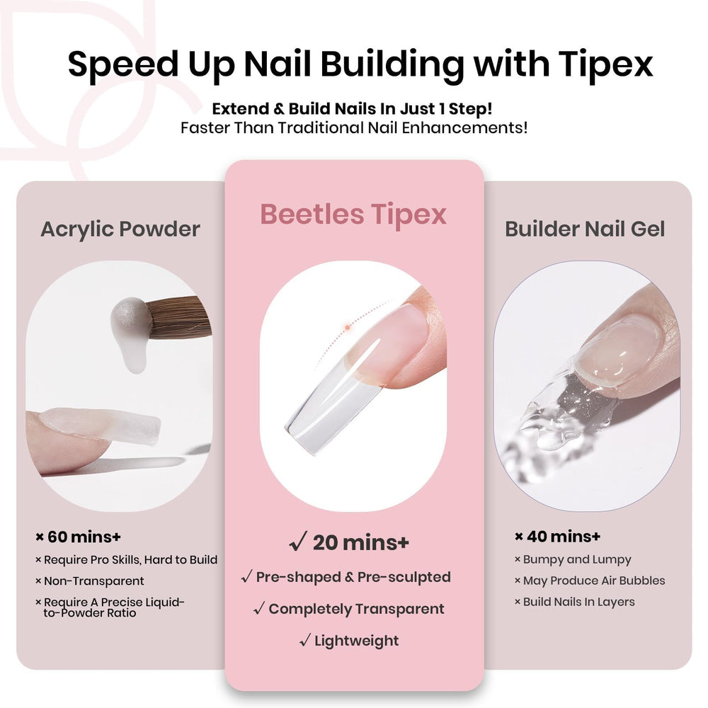 beetles Gel Polish tips applied on a hand during glue step, illustrates easy DIY use