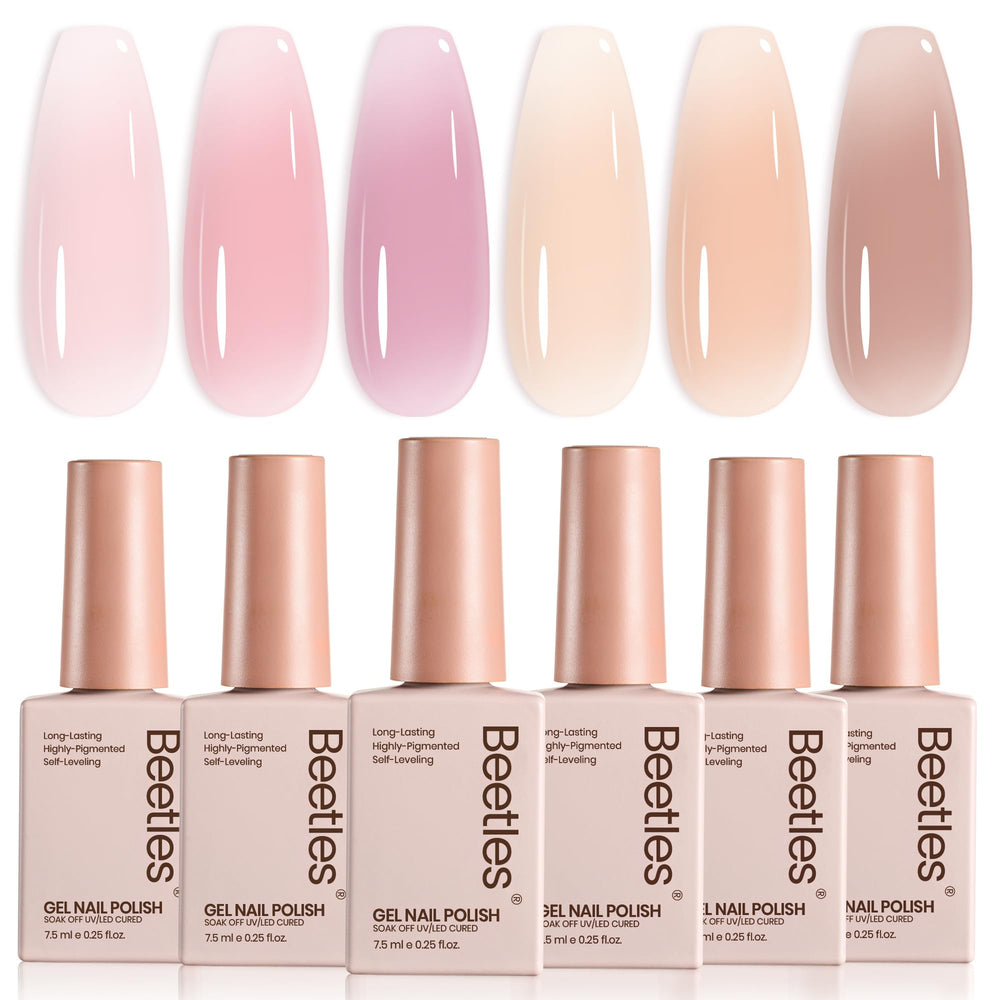 Beetles Gel Polish front packaging showing six sheer jelly colors and elegant kit design