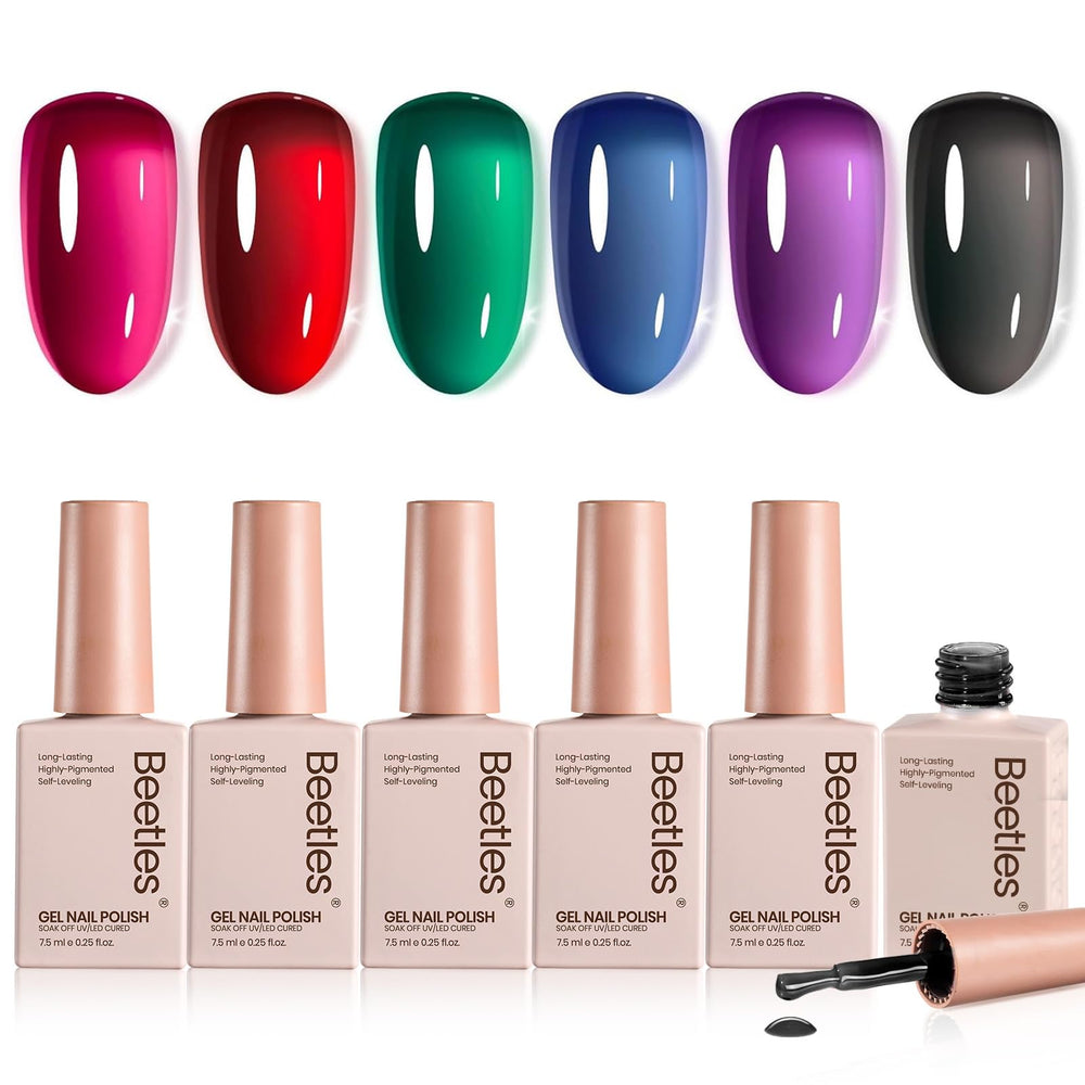 Beetles front packaging of six jelly gel polishes showing kit benefit
