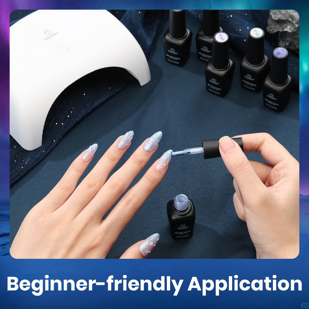 Beetles before and after manicure comparison highlighting long-lasting glossy gel finish