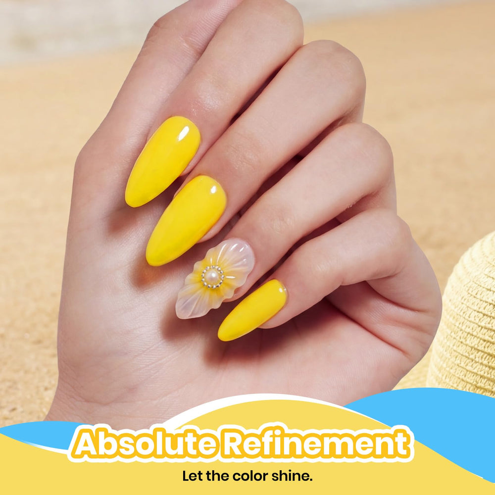 Hand applying Beetles Lemon Stripe gel polish, precise coverage and vibrance