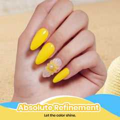 Hand applying Beetles Lemon Stripe gel polish, precise coverage and vibrance