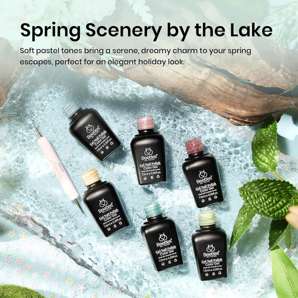 beetles pastel set styled on a spring table suggesting creative at-home manicure benefit