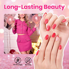 Beetles nail swatch fan displaying shade range and vibrant magenta payoff