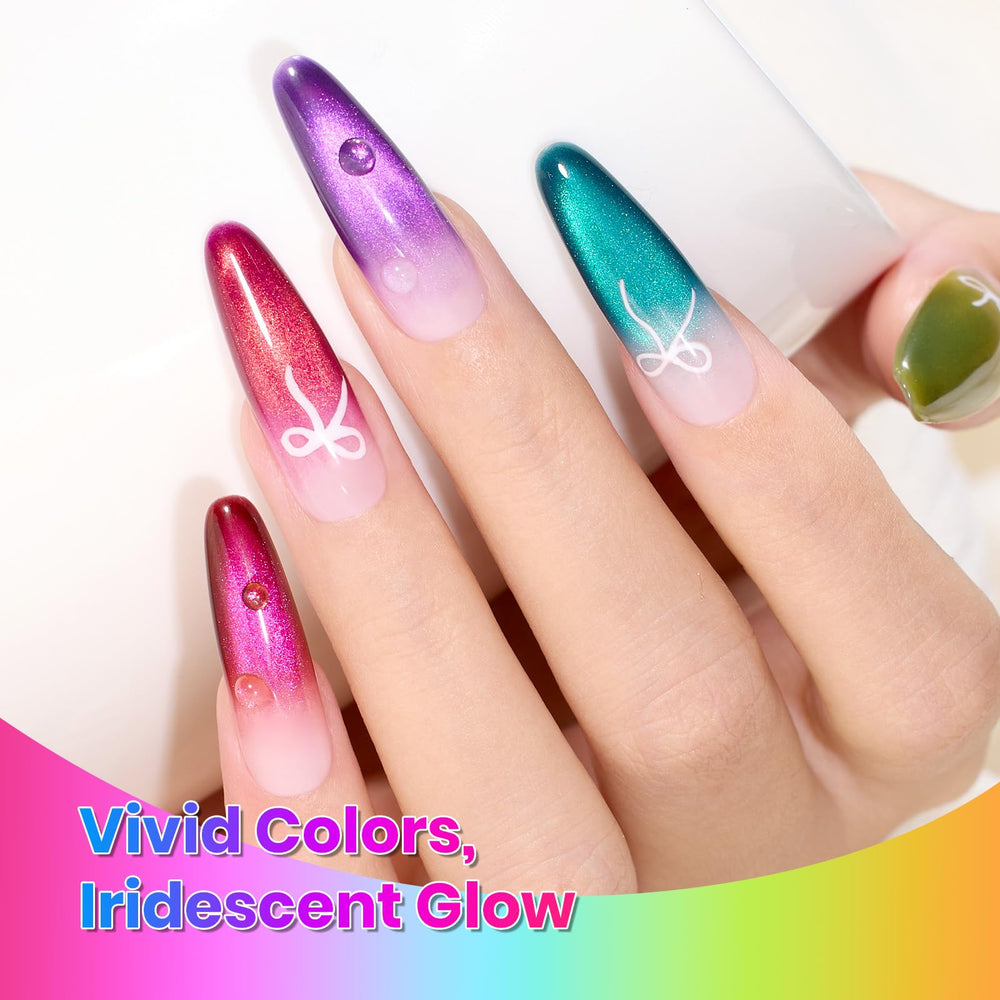 beetles Gel Polish magnet tool held over nail creating luminous stripe, shows easy at-home technique