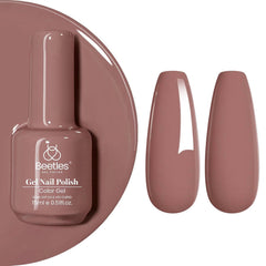Beetles bottle front view showing mauve polish and label for easy identification