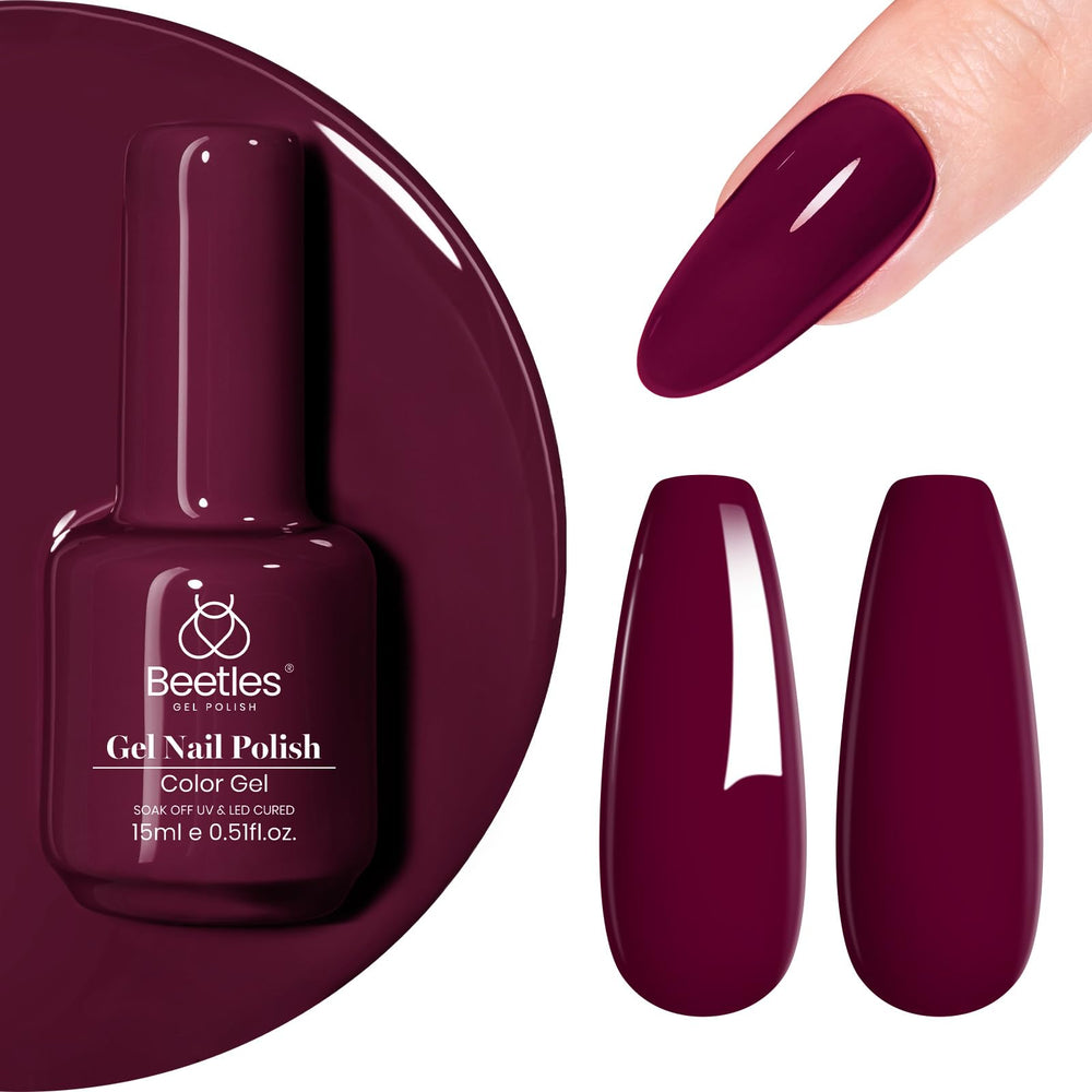 Beetles front bottle showing Mellow Plum burgundy shade and 15ml size benefit