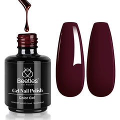 Beetles Gel Polish front label showing merlot wine shade and bottle benefit glossy finish