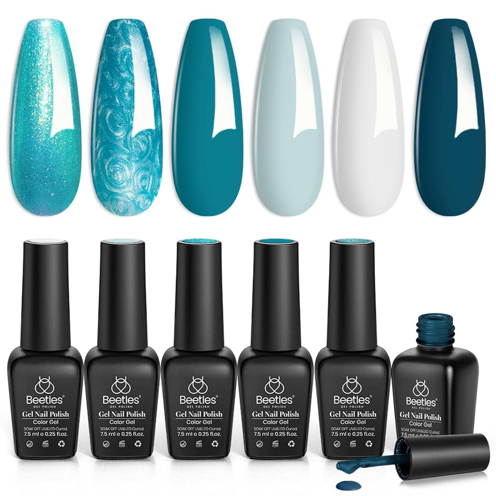 Beetles Mermaid Treasures packaging front view showing six blue gel polish bottles and gift wrap benefit of coordinated set