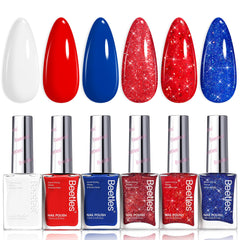 Beetles brand front packaging showing six patriotic polish bottles, convenient set