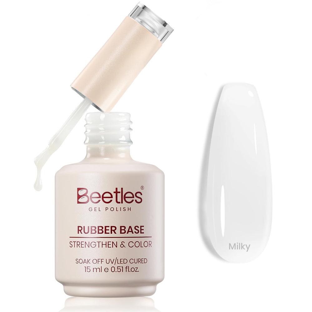 Beetles bottle front view showing milky white rubber base and clean packaging benefit