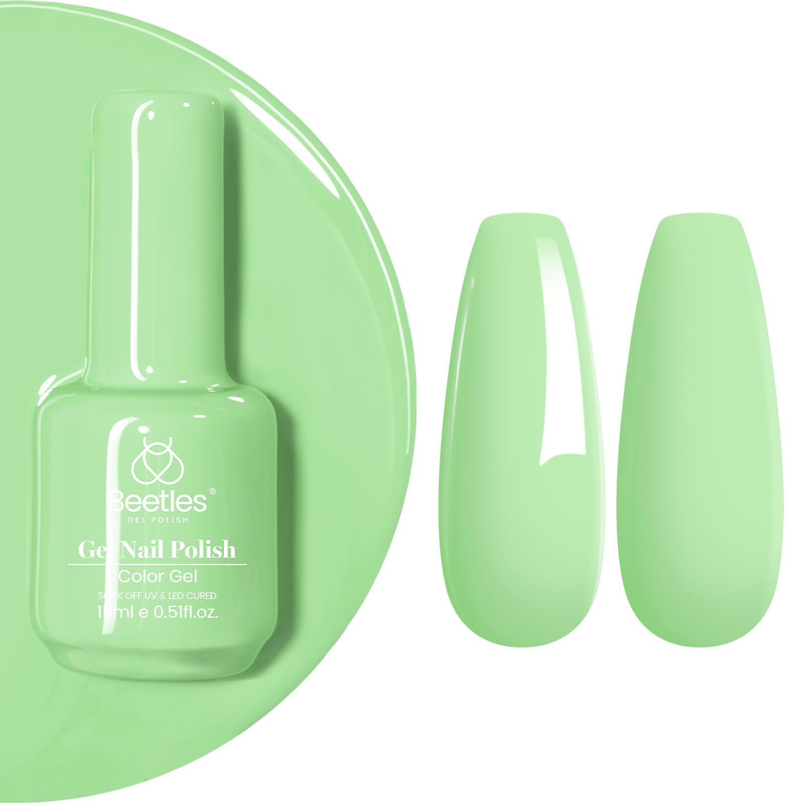 beetles mint green gel polish bottle front showing color and volume benefit