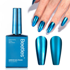 Beetles bottle front view showing metallic blue finish and glossy label benefit