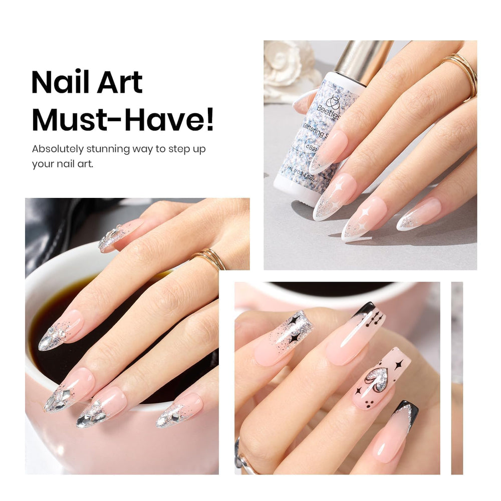 beetles nail art in use applying silver liner for crisp metallic accents