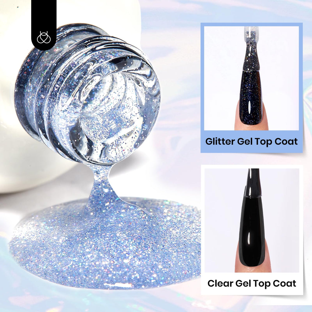 Before-and-after nails with Beetles top coat demonstrating protective, sparkly finish