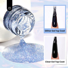 Before-and-after nails with Beetles top coat demonstrating protective, sparkly finish