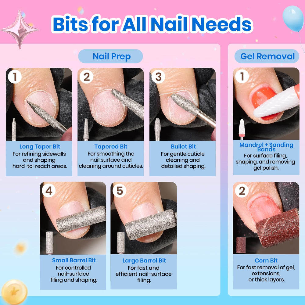beetles nail drill with bits highlighting ergonomic drill and multiple heads benefit: precise shaping