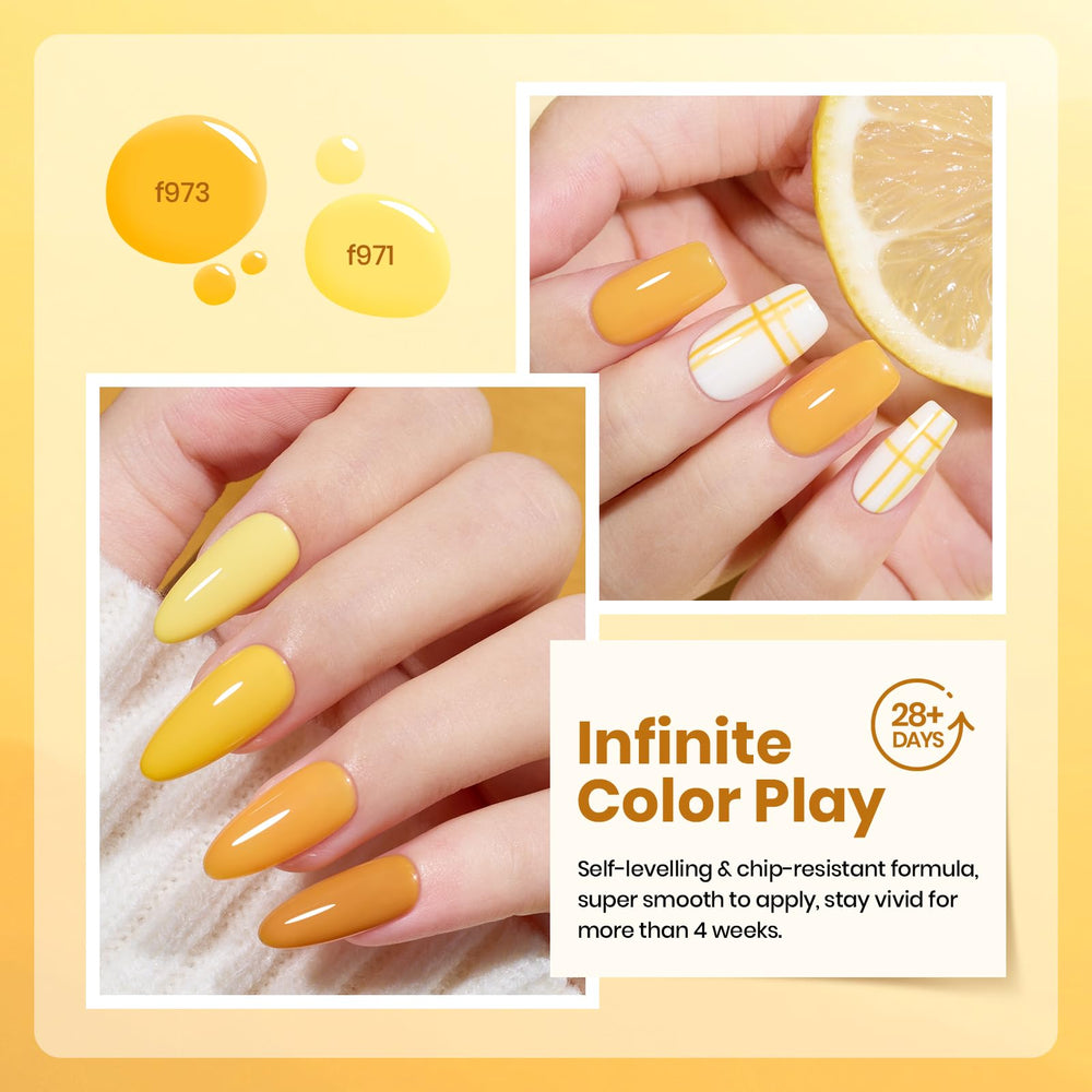 Beetles nail swatch fan with six yellow swatches for color selection and contrast