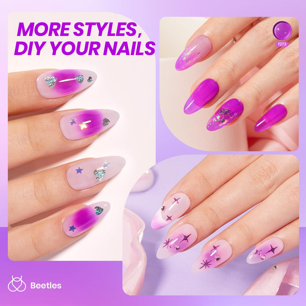 Beetles nail swatch fan with layered purple shades showing customizable depth