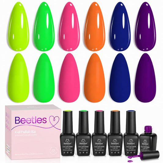 beetles front packaging showing six neon gel bottles and bold colors