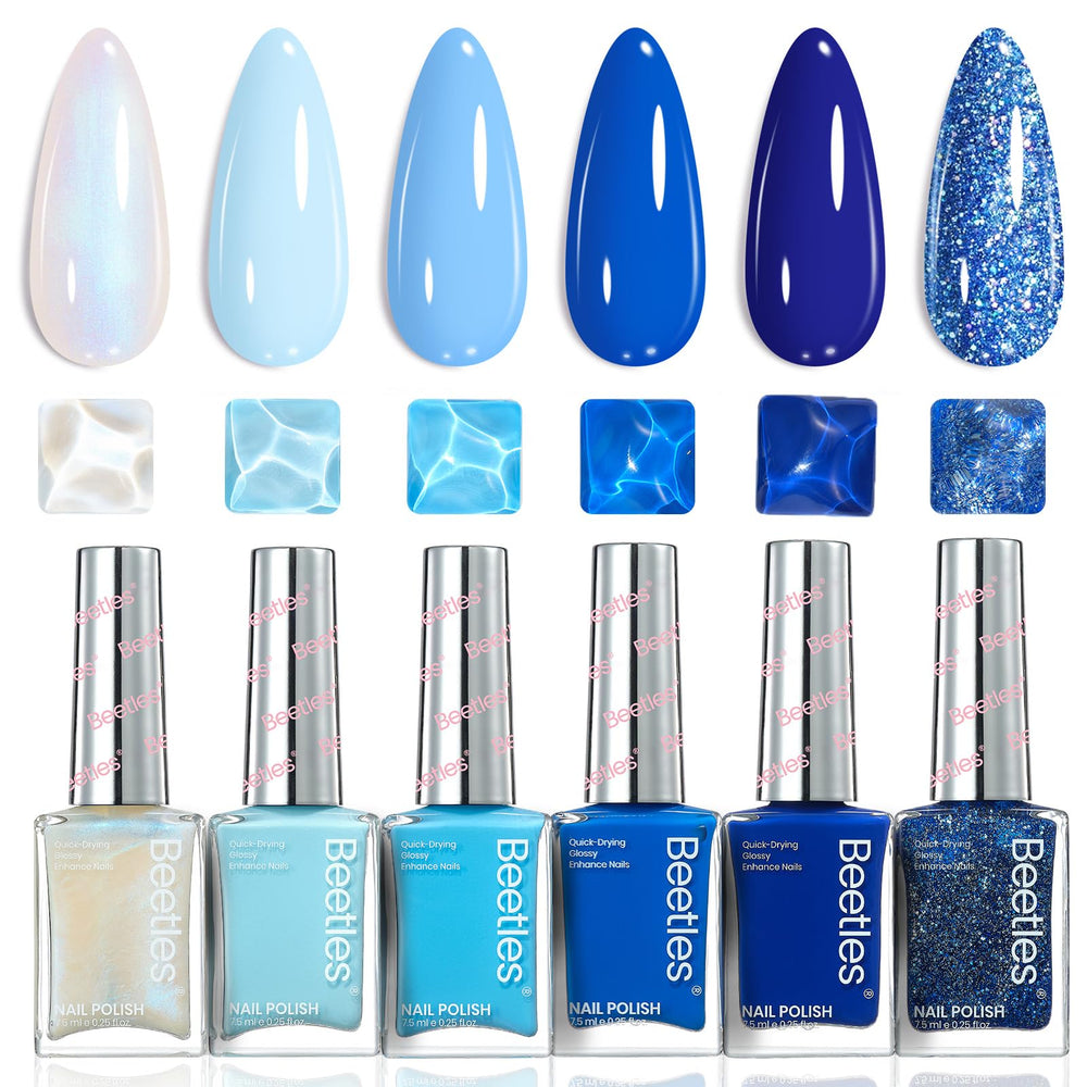 beetles Gel Polish front packaging showing six ocean starlight bottles and benefit of convenient set