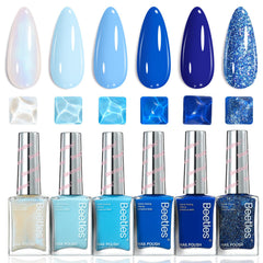 beetles Gel Polish front packaging showing six ocean starlight bottles and benefit of convenient set