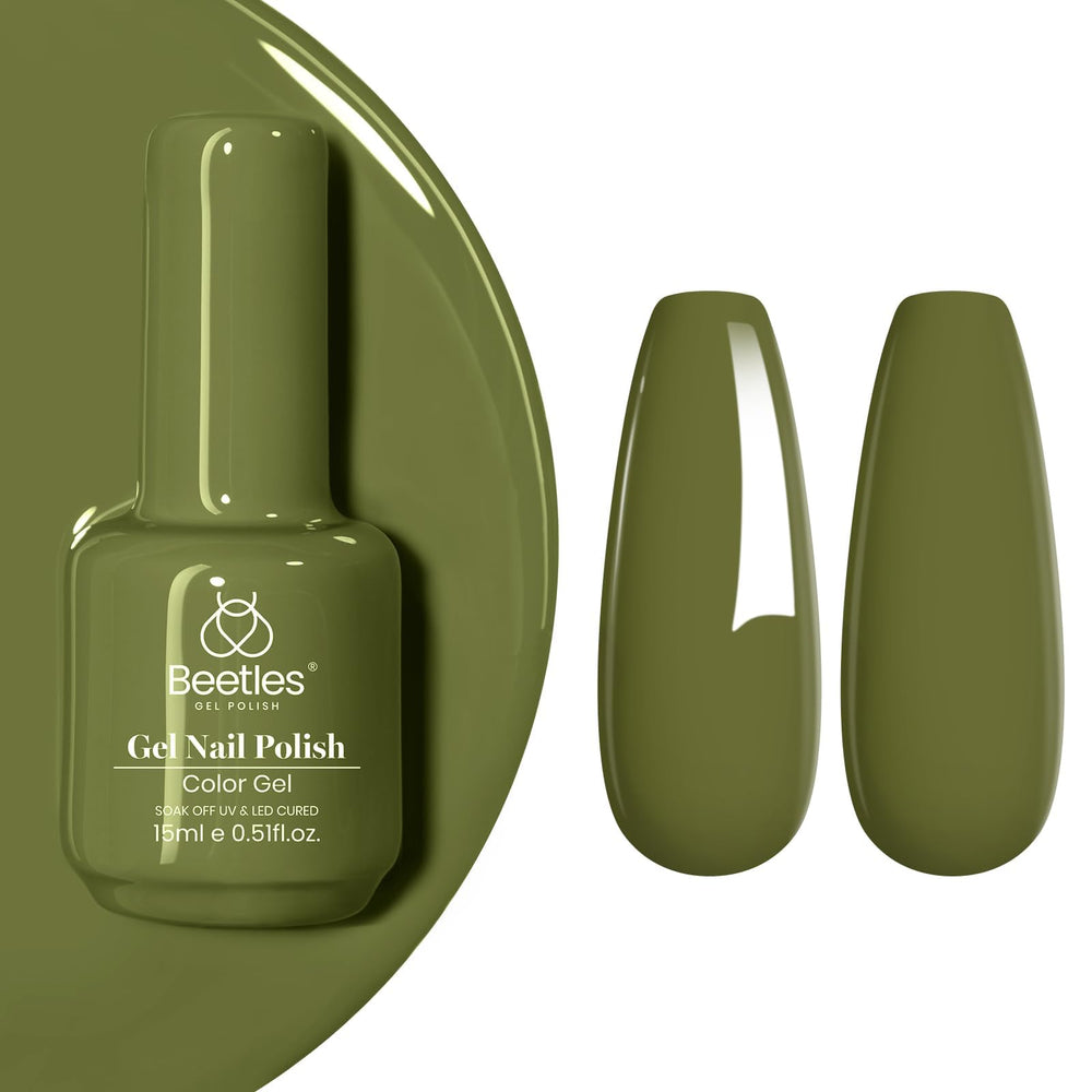 beetles bottle front view showing olive green polish and clear label benefits