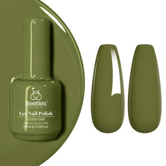 beetles bottle front view showing olive green polish and clear label benefits